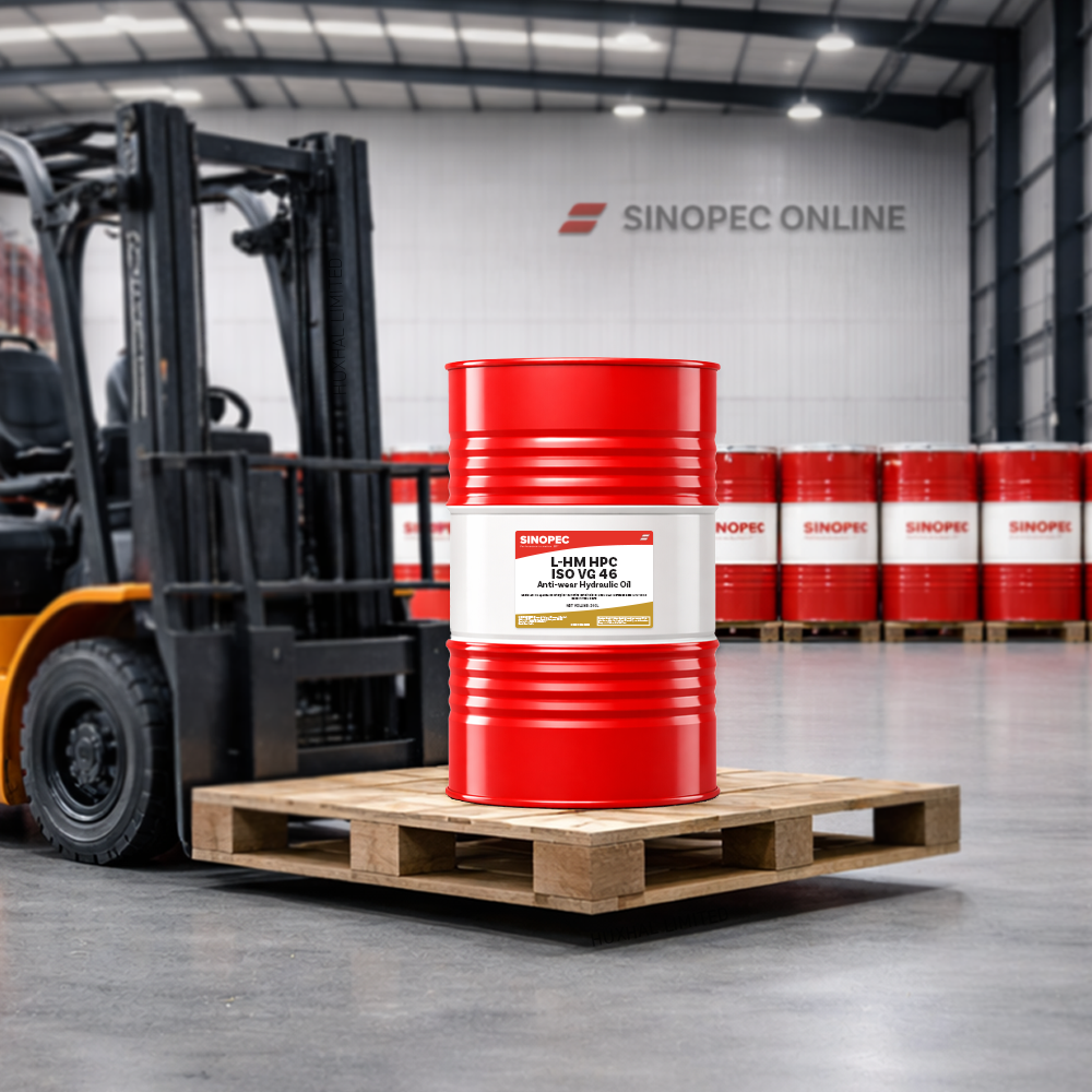 Red Sinopec oil drum on a pallet with forklift in a warehouse setting.