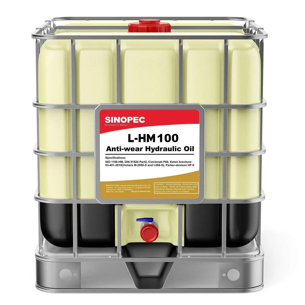 Front image of Sinopec L-HM 100 IBC tote of Antiwear Hydraulic Oil 1000 L.