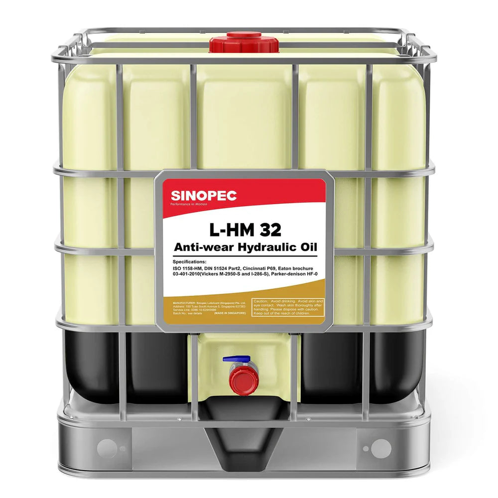 Front image of Sinopec L-HM 32 IBC tote of Antiwear Hydraulic Oil 1000 L.